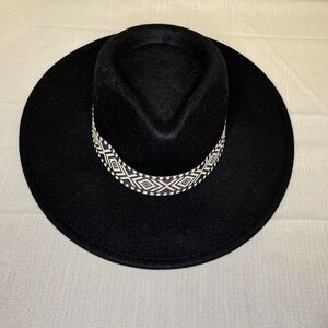 Black Felt Panama Wide Brim Hat with Aztec Band